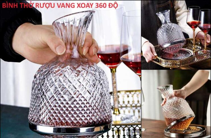 Bình Thở Rượu Vang 1500ml cao cấp đế xoay 360 độ – Wine Decanter trang trí bàn ăn và làm quà tặng
