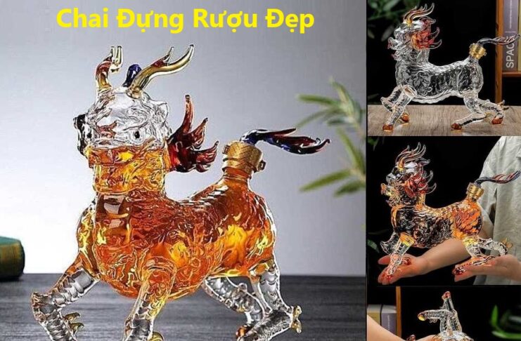 Vỏ Chai Rượu Đẹp 1 lít mẫu kì lân - Chai Thủy Tinh 1000ml Độc Lạ làm quà tặng